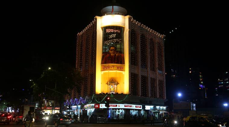 Illuminated Shivsena Bhavan at Dadar. (Express Photo by Prashant Nadkar)