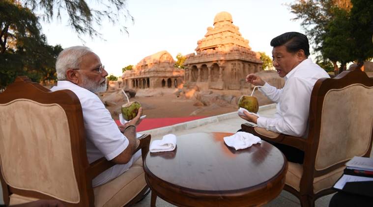 PM Modi and Xi Jinping at the ‘five chariots’ at Mamallapuram (Twitter @MEAIndia)