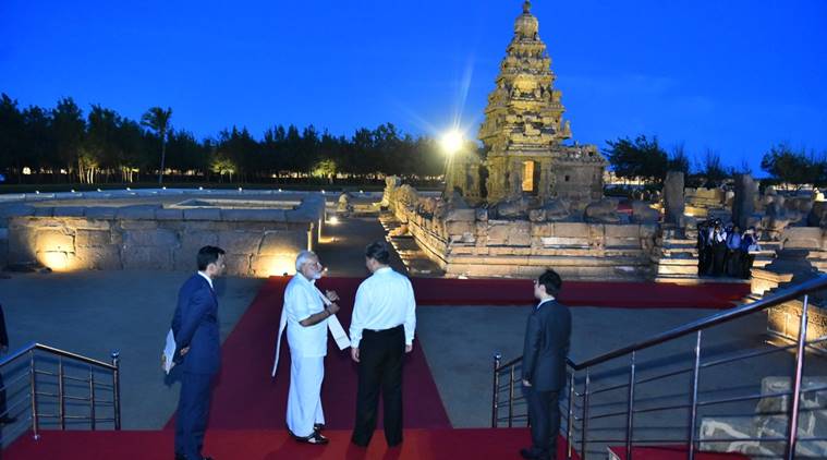 PM Modi with the Chinese president at Shore Temple in Mamallapuram Friday. (Twitter @narendramodi)