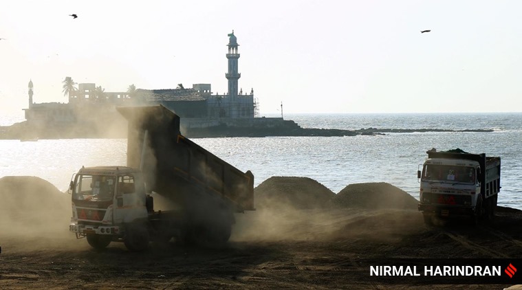 The work on the multi-crore Coastal Road project resumes on Sunday. The authorities will have to ensure food and shelter for the workers.  Express photo by Nirmal Harindran, Mumbai