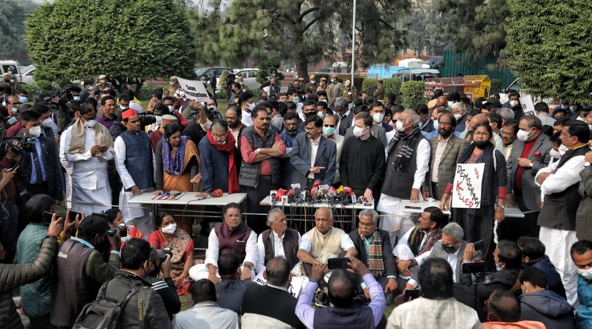 Congress leader Rahul Gandhi addressing reporters during a protest at Vijay Chowk against the suspension of 12 Rajya Sabha MPs. (Express photo by Abhinav Saha)