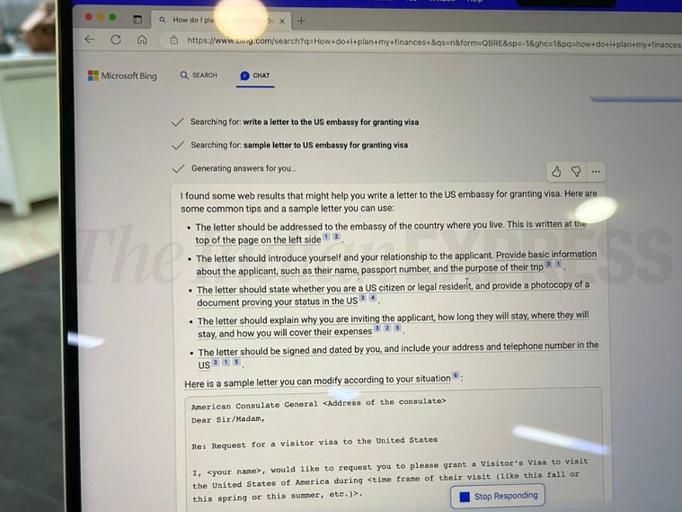 Search result from a ChatGPT powered Bing answering a query of wiring a letter to US embassy to write a letter to grant visa.