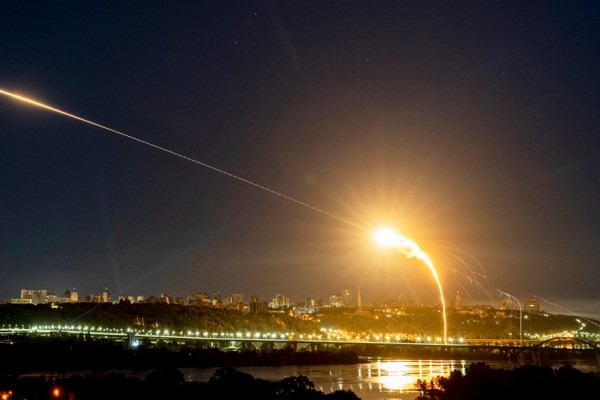 Ukrainian air defense intercepts a Shahed drone mid-air in the third Russia aerial attack on the capital in the last 24 hours in Kyiv, Ukraine, Tuesday, May 30, 2023. (AP Photo/Evgeniy Maloletka)