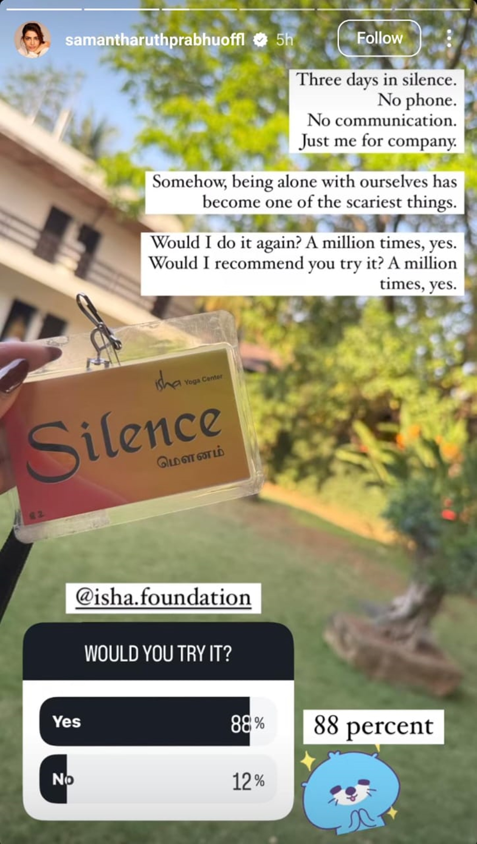 Trendsnip Samantha’s Instagram post reflecting on her silent retreat, March 2025.